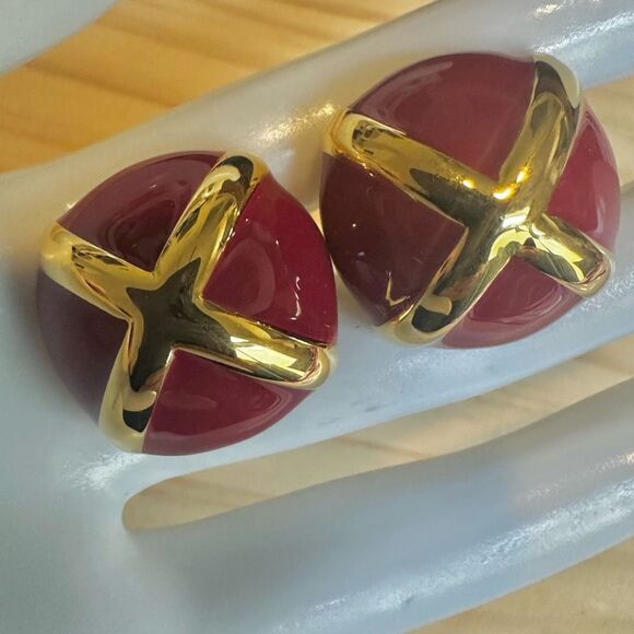 St. John Red Enamel & Gold-Tone "X" Clip-On Statement Earrings - Picture 5 of 11